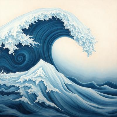 The primary subject of the image is a large, blue ocean wave. The wave is depicted in a painting or drawing, with a white background. The visual style suggests that it is a digital art or illustration. The dominant colors in the image are blue and white, creating a serene and calming atmosphere.